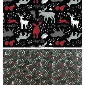 Coordinating Fabric Quilt Bundle Black Red Gray Woodland Animals Deer Moose
